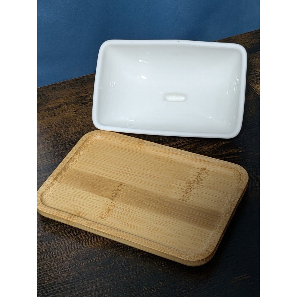PURROOM Duck Butter Dish Countertop Bamboo Porcelain Lid Wooden Tray Storage - Picture 4 of 5